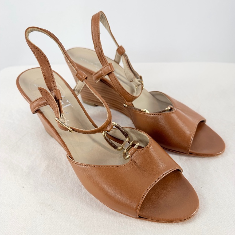 AGL Attilio Giusti Leombruni Leather Strappy Wedge Sandal in Brown Size 8.5